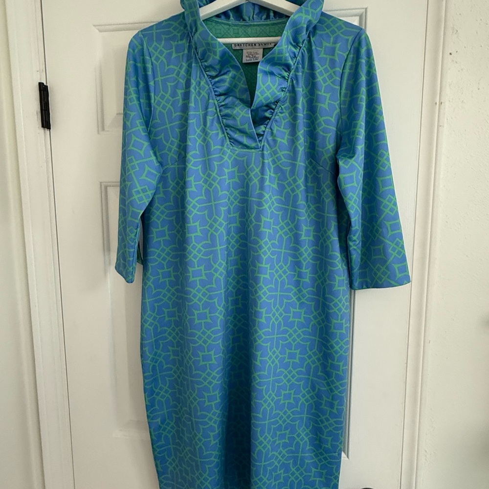Gretchen Scott Designs Blue and Green Geometric Long Sleeve Dress
